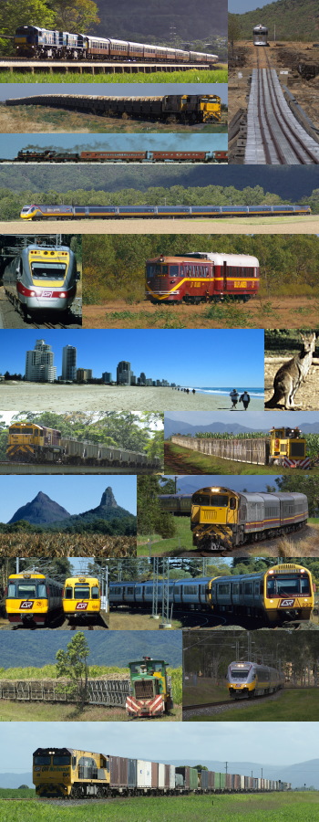 オーストラリアの北東部に位置するクイーンズランド州各地の鉄道写真を紹介。州都ブリスベンを走るシティートレイン、辺境を走るガルフランダー号、振り子式特急ティルト、ブリスベン北部のＳＬ保存鉄道からケアンズ、アウトバックを走るＱＲの各種旅客列車、巨大なサトウキビ鉄道まで様々な鉄道を紹介します。